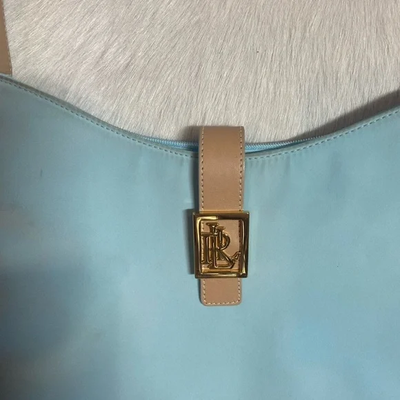 Lauren Ralph Lauren Turquoise Nylon Tan Leather Shoulder Handbag - Picture 3 of 9